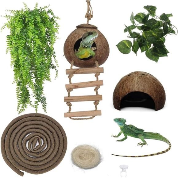 6PCS Lizard Habitat Decor,Leopard Gecko Hideout Coconut Shell Hole Hut,Bearded - Picture 1 of 7